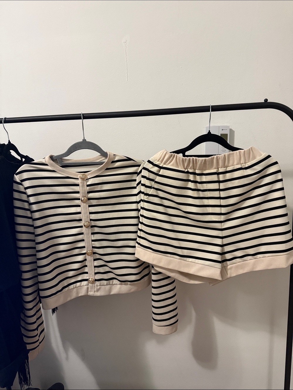 SHEIN Cream & Black Striped Knit Cardigan and Shorts Set